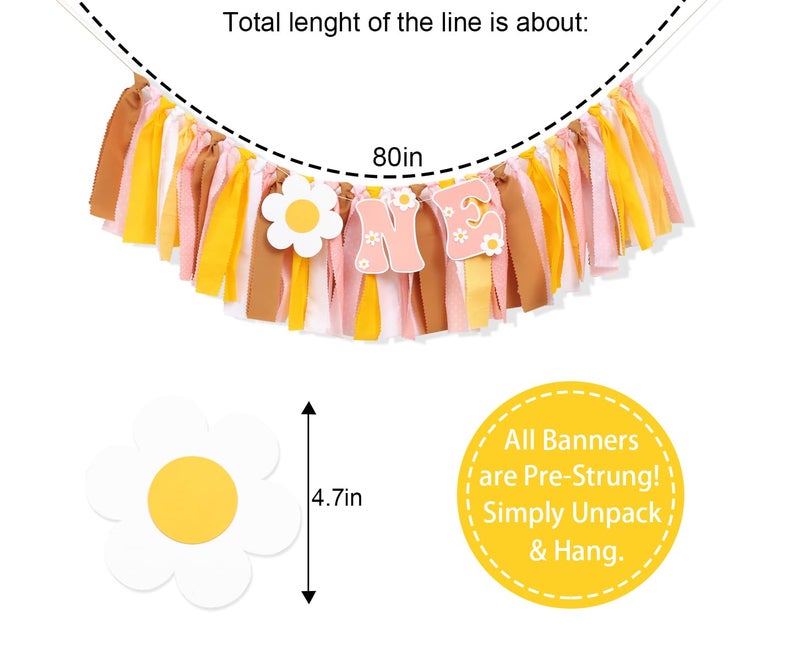 UOAOU Groovy One First Birthday High Chair Banner - One Groovy Birthday Decorations groovy Baby Shower hippie First Birthday Highchair Banner daisy 1st Birthday Garland cake Smash Backdrop Banner - Image 2